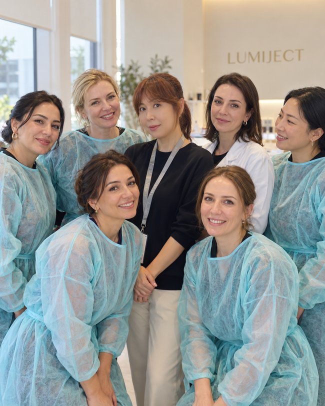 LUMIJECT kurucusu ve önlüklü profesyonellerden oluşan eğitim görseli